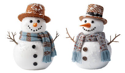 Set of snowman wearing scarf and hat on transparent background, Generative AI