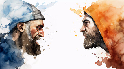 Extremism Unmasked: Rivalry in the Middle East. Arab man vs. Jewish man. Jews against Arabs. Conflict in the Middle east watercolor style