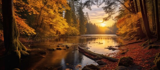 golden light of autumn, the sun slowly sets behind the majestic trees of the lush forest, casting a vibrant hue on the leaves as they gracefully drift through the sky, creating a mesmerizing landscape