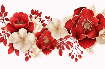 chinese new year flower and lantern greeting background, happy chinese new year background with red flower - obrazy, fototapety, plakaty