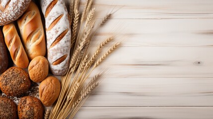 Fresh bread background with ears of wheat on the white wooden rustic table.