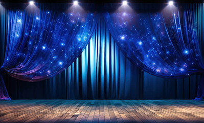 Digital AI orchestrates the drama on a stage wrapped in enchanting blue curtains. - obrazy, fototapety, plakaty