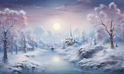 fantastic imaginary winter wonderland with sponge technique - obrazy, fototapety, plakaty