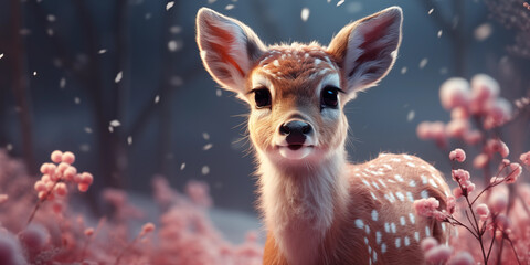 Süßes Bambi Rehlein als Cartoon in rosa Farben im Schnee im Querformat als Banner, ai generativ