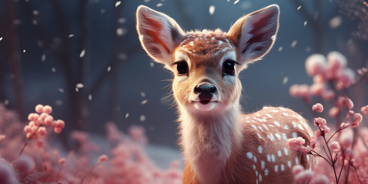 S&uuml;&szlig;es Bambi Rehlein als Cartoon in rosa Farben im Schnee im Querformat als Banner, ai generativ