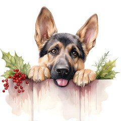 Christmas Animal Illustration, Christmas German Shepherd Watercolor Clipart, Xmas Decoration