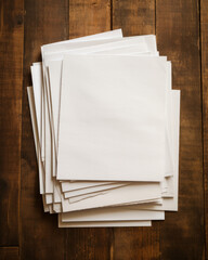 Top down view of a pile of old rustic empty blank papers with copy space on a wooden desk