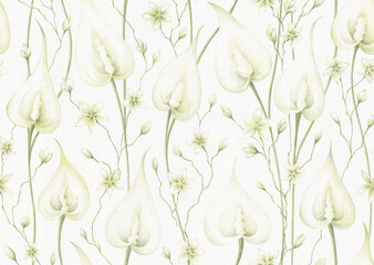 Nature floral seamless pattern. Pencil drawing twigs with white green calla flowers and small florets on white paper texture background. Template for design, textile, wallpaper, ceramics. - 680411148