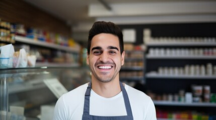 Employee wearing an apron smiles at arriving customers while standing in the store.