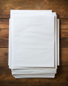 Top down view of a pile of old rustic empty blank papers with copy space on a wooden desk