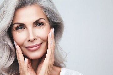 Beautiful mature woman with smooth healthy face skin. Gorgeous woman with long gray hair and happy smiling. Beauty and cosmetics skincare advertising concept. - obrazy, fototapety, plakaty