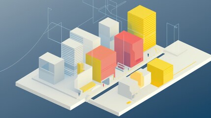 Fototapeta premium An isometric cityscape with tall buildings and bustling streets.