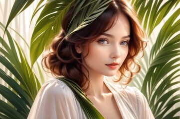 Portrait of young and beautiful woman with perfect smooth skin in tropical leaves.