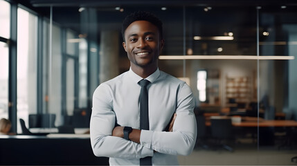 A young black business man stands confidently, his crisp shirt with rolled up sleeves and popped collar reflecting his relaxed demeanor as he flashes a charming smile, exuding effortless style - obrazy, fototapety, plakaty
