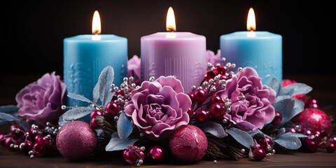 Obraz na płótnie Canvas Kerzen mit Flammen zu Weihnachten als Adventskranz in blau und pink mit wunderschöner Dekoration im Querformat als Banner, ai generativ