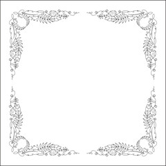 Black and white floral frame with tropical leaves and flowers, decorative corners for greeting cards, banners, business cards, invitations, menus. Isolated vector illustration.	