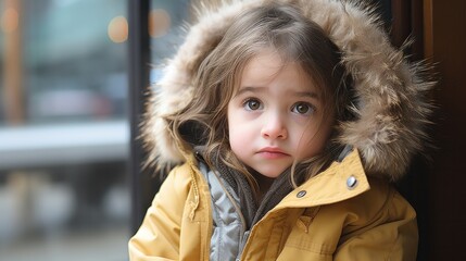 Little girl in yellow coat gazing out window.