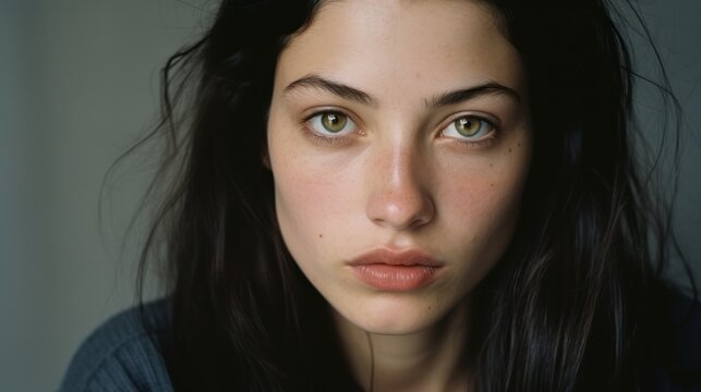  a close up of a woman's face with frecks on her hair and a blue shirt on.