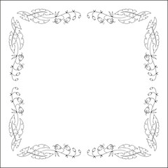 Black and white floral frame with tropical leaves and flowers, decorative corners for greeting cards, banners, business cards, invitations, menus. Isolated vector illustration.	