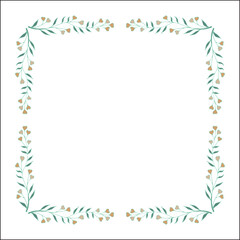  Green floral frame with heart shaped flowers, decorative corners for greeting cards, banners, business cards, invitations, menus. Isolated vector illustration.