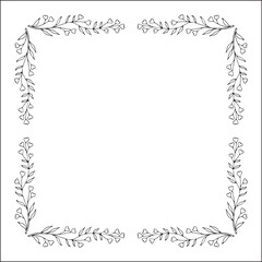 Black and white floral frame with heart shaped flowers, decorative corners for greeting cards, banners, business cards, invitations, menus. Isolated vector illustration.	
