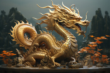 Obraz premium Golden chinese dragon, dragon for 2024 chinese new year greeting card