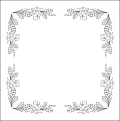 Black and white floral frame with tropical leaves and flowers, decorative corners for greeting cards, banners, business cards, invitations, menus. Isolated vector illustration.	