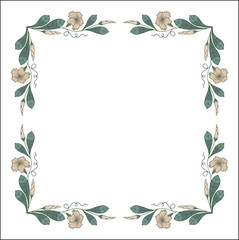 Naklejka premium Green floral frame with tropical leaves and flowers, decorative corners for greeting cards, banners, business cards, invitations, menus. Isolated vector illustration.