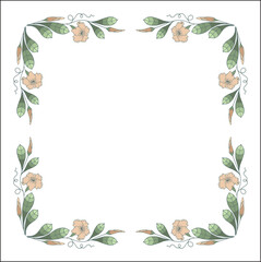 Fototapeta premium Green floral frame with tropical leaves and flowers, decorative corners for greeting cards, banners, business cards, invitations, menus. Isolated vector illustration.