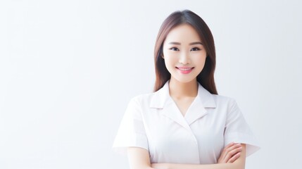 Asian woman in white shirt standing confidently with arms crossed, exuding strength and poise.