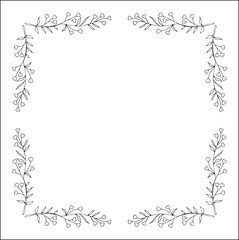 Black and white floral frame with heart shaped flowers, decorative corners for greeting cards, banners, business cards, invitations, menus. Isolated vector illustration.	