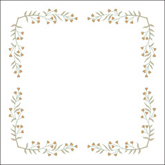  Green floral frame with heart shaped flowers, decorative corners for greeting cards, banners, business cards, invitations, menus. Isolated vector illustration.