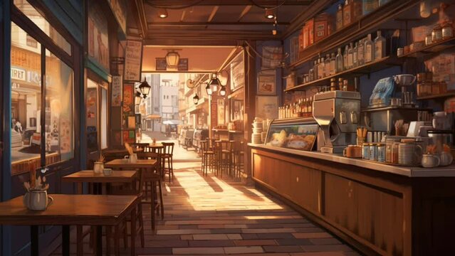 Lofi Cozy Cafe Vibes Daytime. Seamless Looping Time-lapse Virtual 4k Video Animation Background. Generated With AI