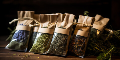assortment of tea, spices and herbs on shop shelves. sale in grocery market