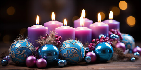 Obraz na płótnie Canvas Kerzen mit Flammen zu Weihnachten als Adventskranz in blau und pink mit wunderschöner Dekoration im Querformat als Banner, ai generativ