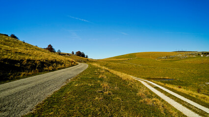 Altopiano di Lessinia. Panorama autunnale sui pascoli e le malghe. Provincia di Verona.Veneto, Italia