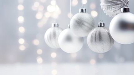  a group of white and silver christmas ornaments hanging from a line of silver and white baubles with lights in the background.