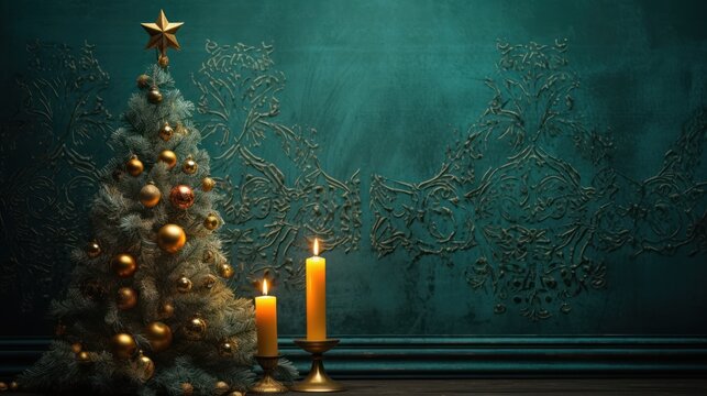  a christmas tree with two lit candles in front of a blue wall with a gold - embossed design.