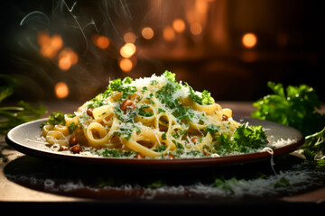 Vegan pasta on dish topping fresh greenery and cheese om served table. Italian food
