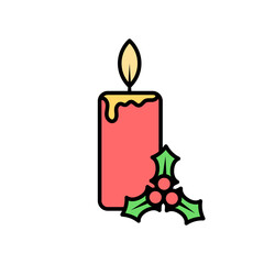 Christmas candle with holly icon. Vector cartoon illustration. Isolated on a white background.