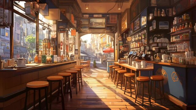 Lofi cozy vibes cafe background. seamless looping time-lapse virtual 4k video animation background. Generated with AI