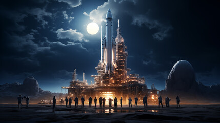 Digital photo of the A group of aerospace engineers is preparing a space heavy rocket for launch on the launch pad of the cosmodrome