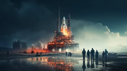 Foto op Canvas Digital photo of the A group of aerospace engineers is preparing a space heavy rocket for launch on the launch pad of the cosmodrome © mikhailberkut