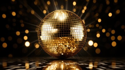 Obraz premium Golden disco mirror ball reflect light on glitter dark canvas background