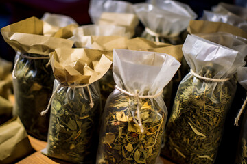 assortment of tea, spices and herbs on shop shelves. sale in grocery market