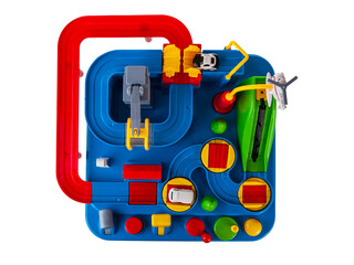 Children's toy slide with obstacles for passing cars along the road toys for kids isolated on a white background