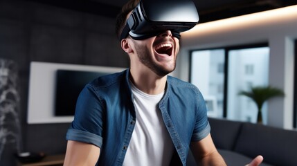 A man immersed in a virtual reality experience, wearing a VR headset, exploring a digital world.