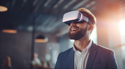A man immersed in a virtual reality experience, wearing a VR headset, exploring a digital world.