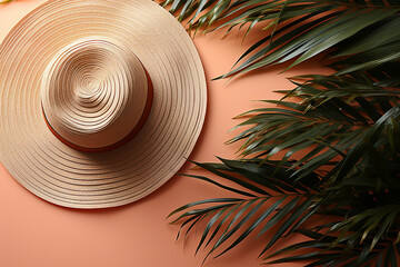 Abstract background Of a Hat with palm leaves in the Background