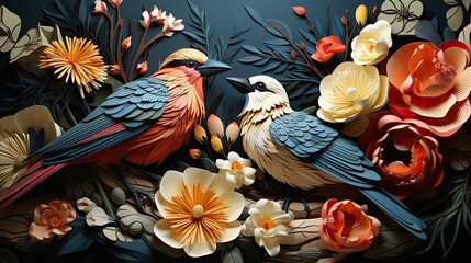 Organic forms and vibrant colors of colourful birds and flowers.